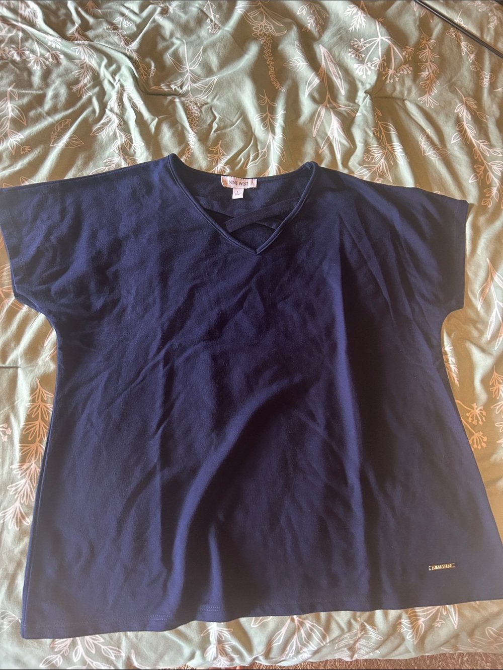 Nine West Navy Short Sleeve V-Neck Tee with Front Strap